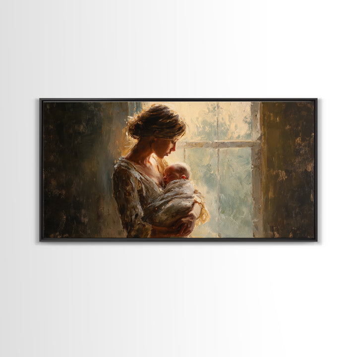 Mother Holding Newborn By Window Canvas Print, Tender Nursery Wall Art, Warm Bedroom Decor, Baby Shower Gift For Mom, Home Decor