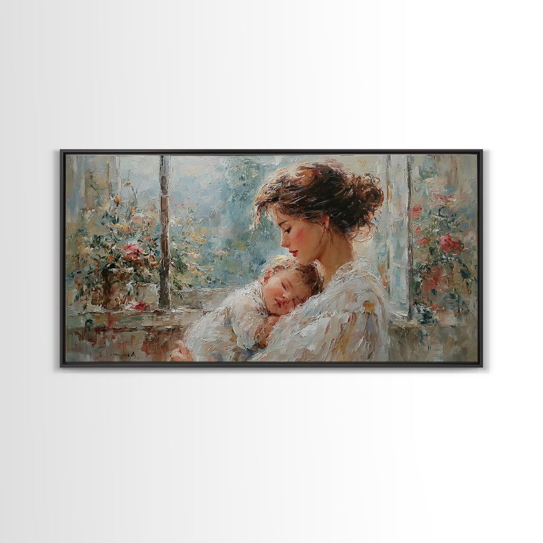 Tender Mother And Baby By Rainy Window Canvas Print, Impressionist Nursery Wall Art, Floral Bedroom Decor, New Mom Gift, Home Decor