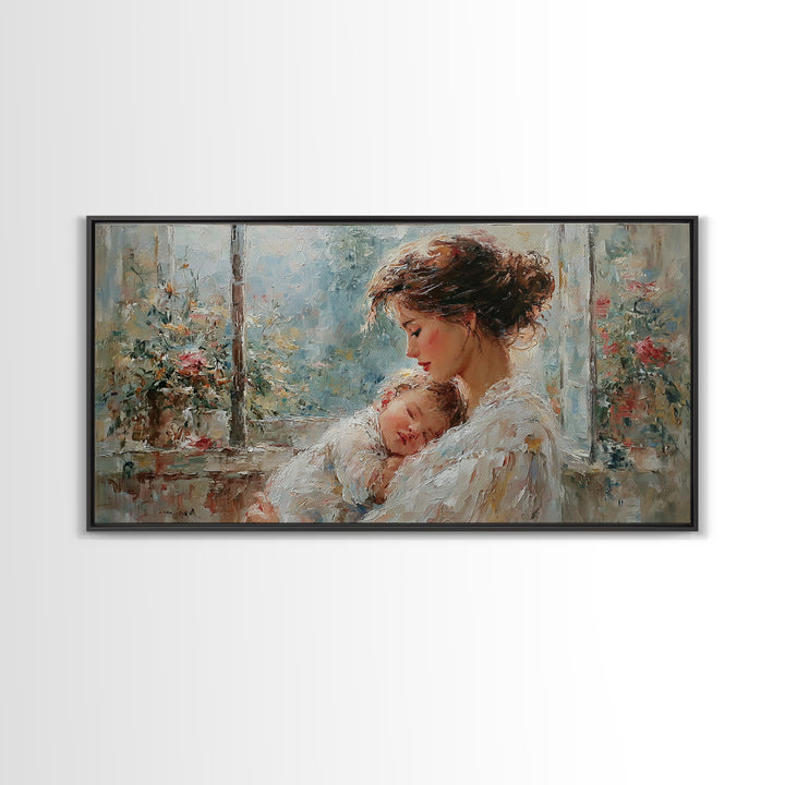 Tender Mother And Baby By Rainy Window Canvas Print, Impressionist Nursery Wall Art, Floral Bedroom Decor, New Mom Gift, Home Decor