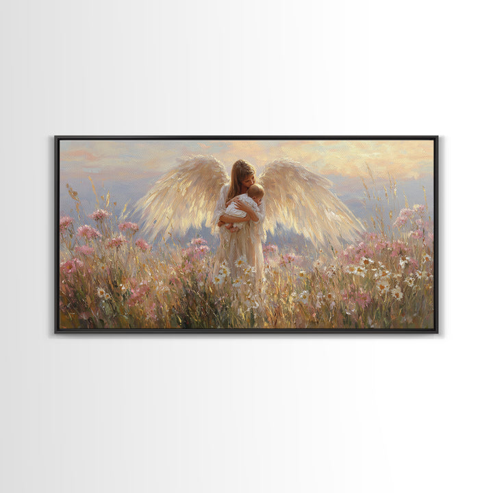 Radiant Angel Cradling Infant In Wildflower Field Canvas Print, Christian Wall Art, Spiritual Nursery Decor, Baby Shower Gift