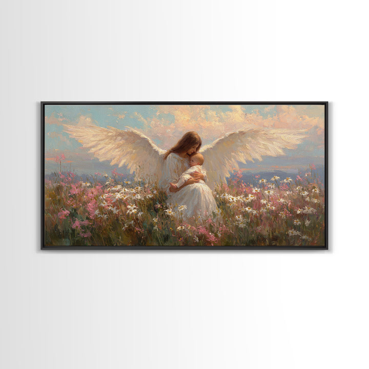 Angel Mother Nursing Baby Among Wildflowers Framed Canvas Print, Spiritual Wall Art, Christian Nursery Decor, Gift For Mom