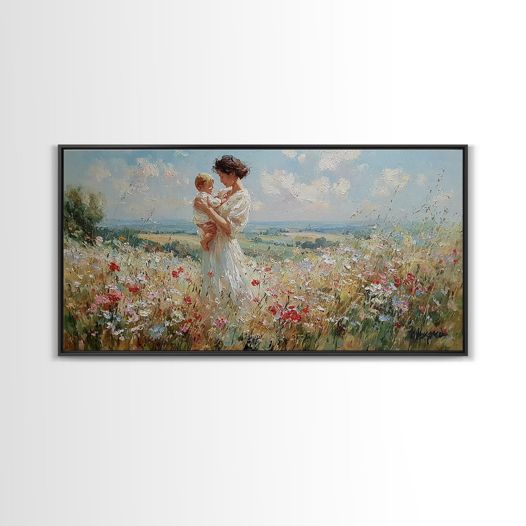 Mother And Toddler In Blooming Meadow Canvas Print, Impressionist Wall Art, Floral Nursery Decor, Living Room Wall Art Print
