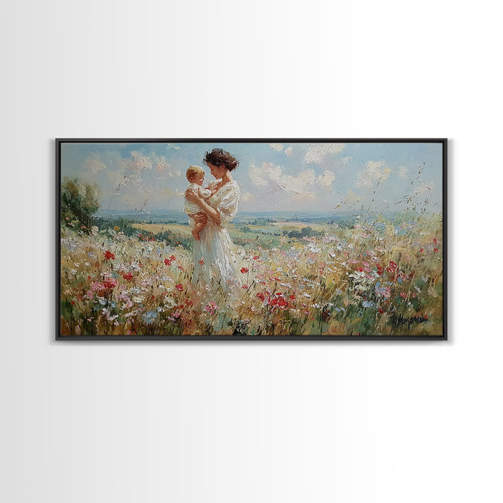 Mother And Toddler In Blooming Meadow Canvas Print, Impressionist Wall Art, Floral Nursery Decor, Living Room Wall Art Print