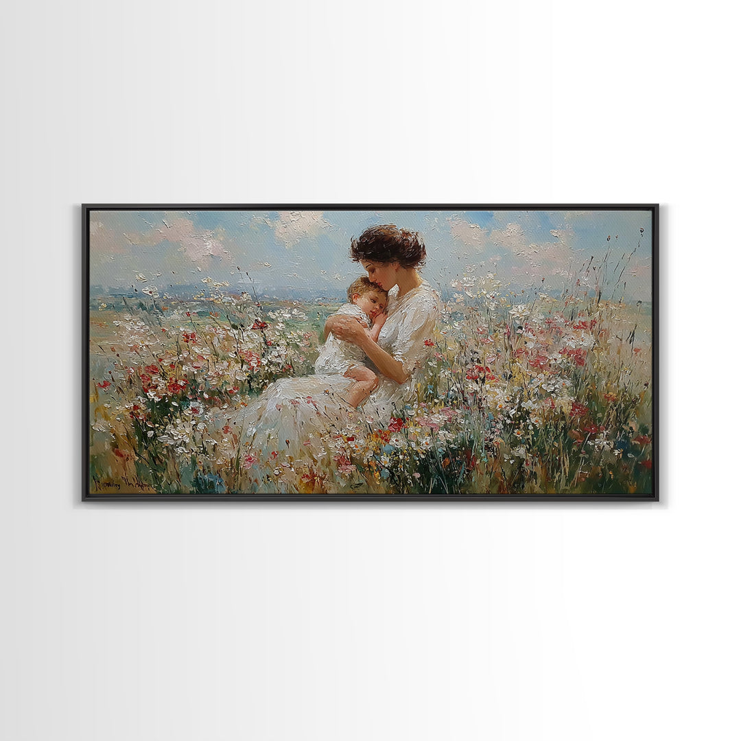 Seated Mother Holding Sleeping Child In Flower Field Canvas Print, Impressionist Wall Art, Nursery Decor, Housewarming Gift