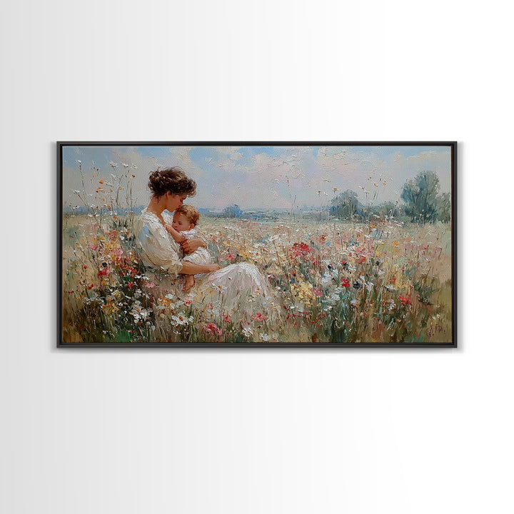 Mother And Baby Resting In Wildflower Meadow Framed Canvas Print, Impressionist Wall Art, Floral Nursery Decor, Gift For Her