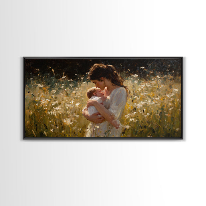 Tender Mother And Baby In White Wildflower Meadow Canvas Print, Impressionist Nursery Wall Art, Gift For Mom, Bedroom Decor