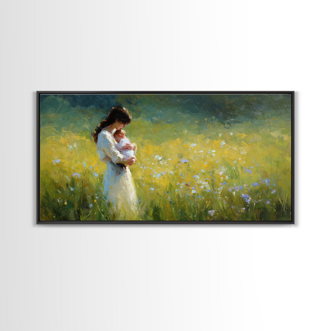 Mother Holding Newborn In Sunny Wildflower Field Framed Canvas Print, Impressionist Wall Art, Nursery Decor, Gift For Mom
