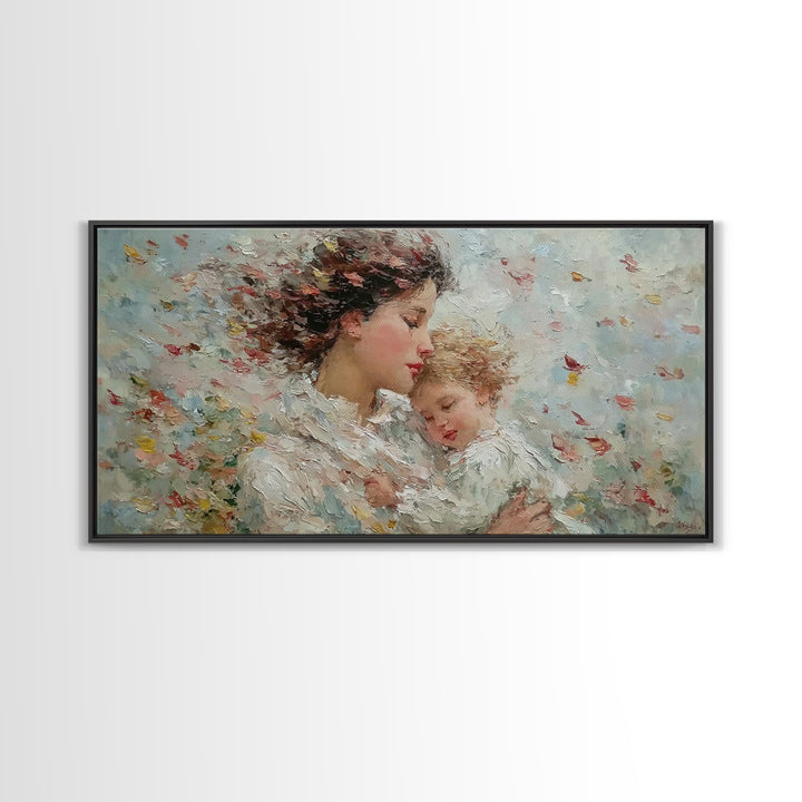 Windblown Mother And Sleeping Child With Petals Canvas Print, Feminine Wall Art, Impressionist Nursery Decor, Gift For Her