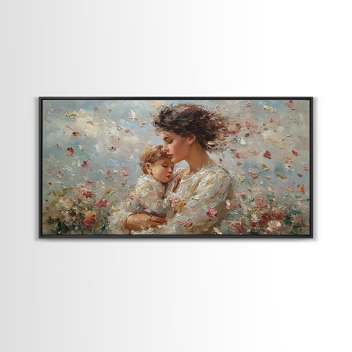 Mother Embracing Child In Blossoming Garden Wall Art, Impressionist Framed Canvas Print, Romantic Floral Decor, Gift For Mom