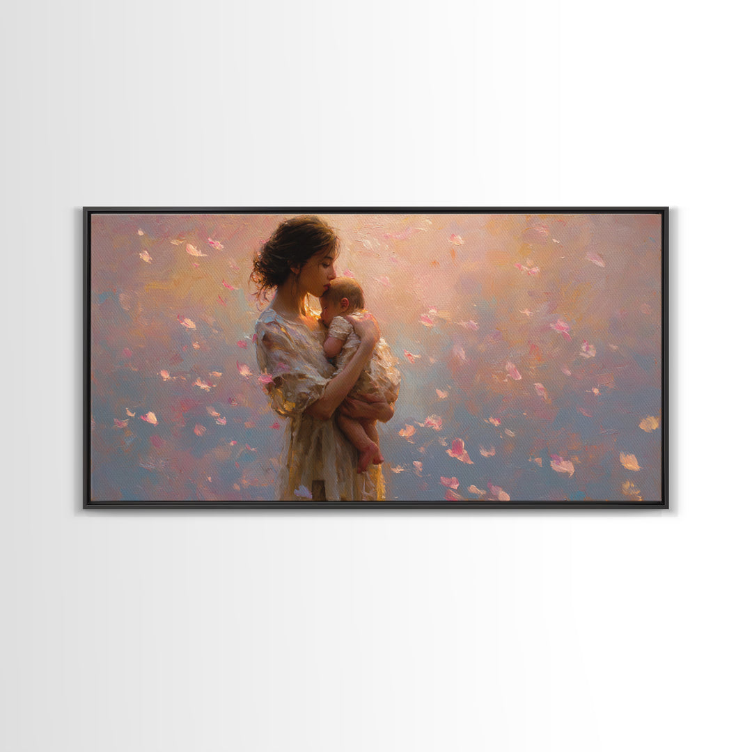 Soft Pink Mother And Baby At Sunset Canvas Print, Romantic Nursery Wall Art, Feminine Bedroom Decor, Beautiful Gift For New Mom