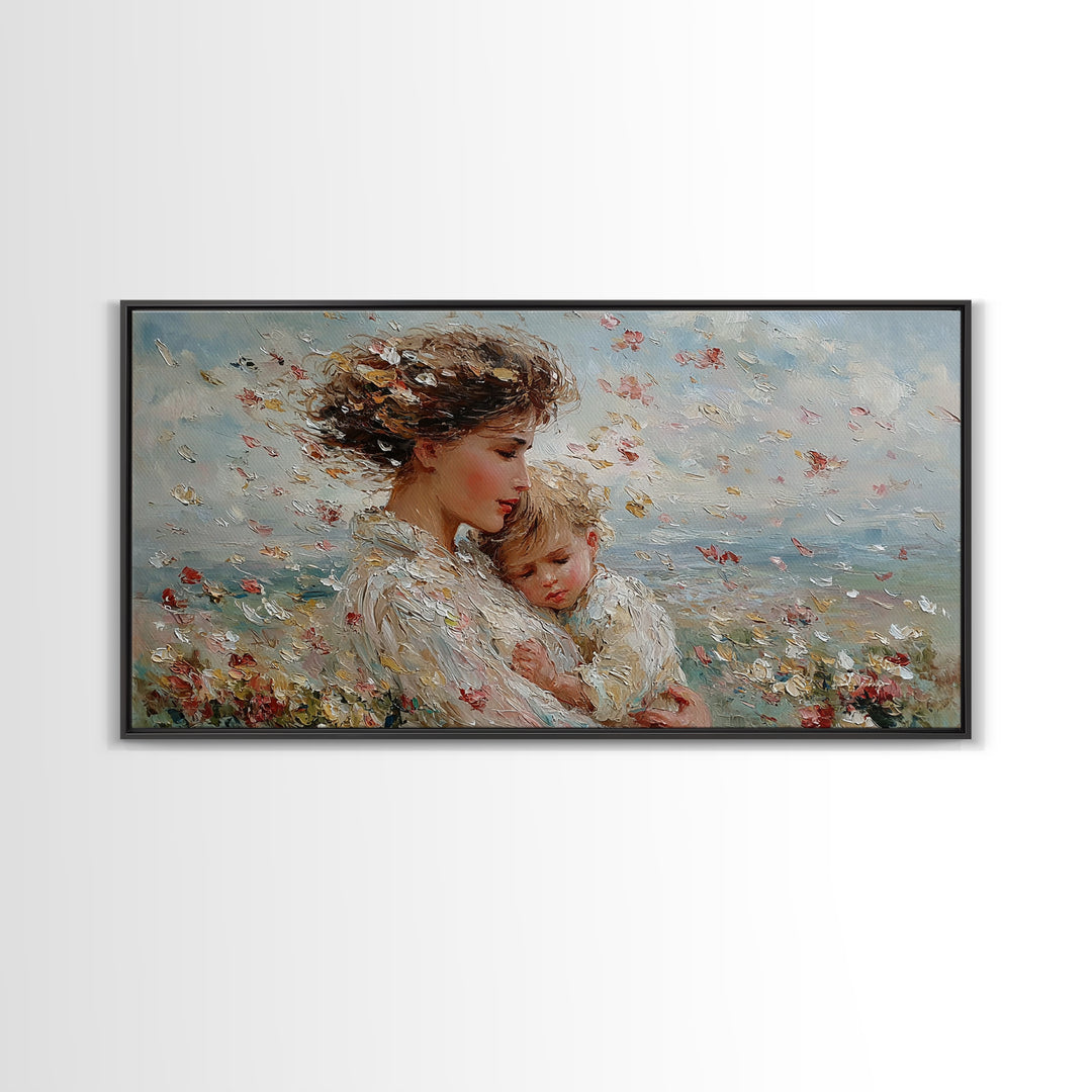 Windy Meadow Mother And Child With Falling Petals Wall Art, Impressionist Canvas Print, Floral Nursery Decor, Gift For Mom
