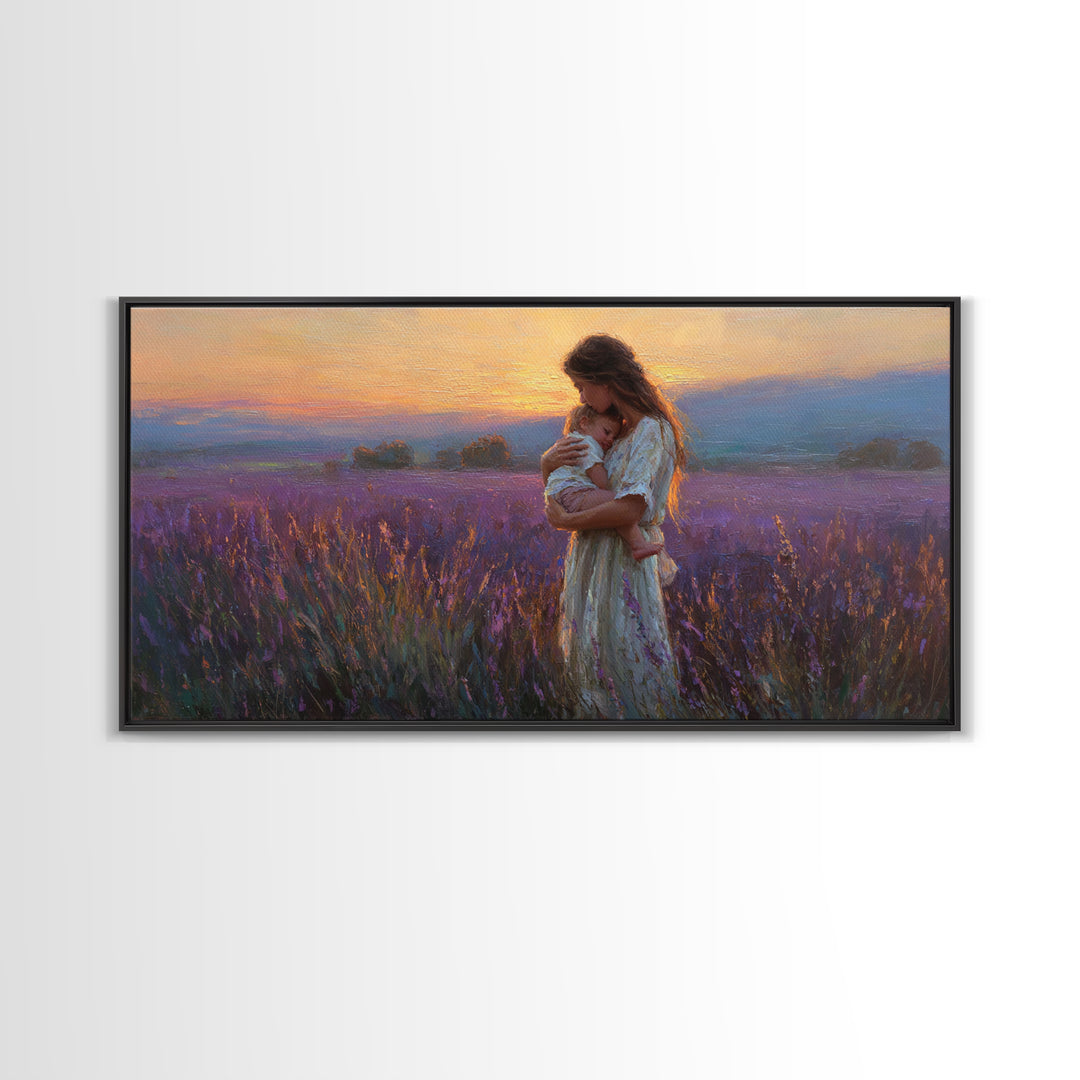 Mother Cradling Child In Lavender Sunset Field Canvas Print, Romantic Wall Art, Impressionist Bedroom Decor, Gift For Her