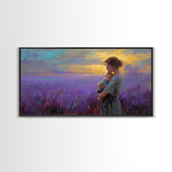 Mother Holding Baby In Lavender Sunset Canvas Print, Purple Field Wall Art, Motherhood Gift, Calming Nursery Bedroom Decor
