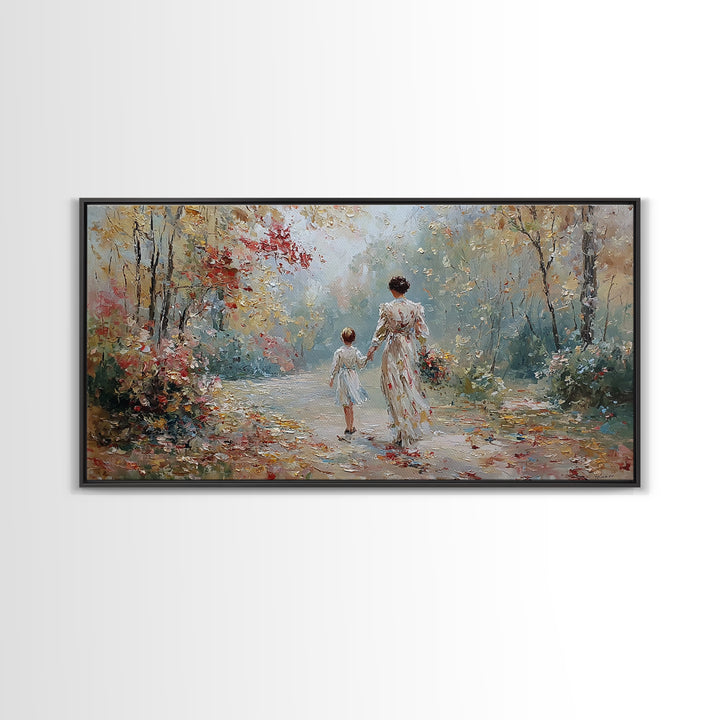 Mother And Child Walking Floral Woodland Path Wall Art, Impressionist Autumn Canvas Print, Family Gift, Living Room Decor