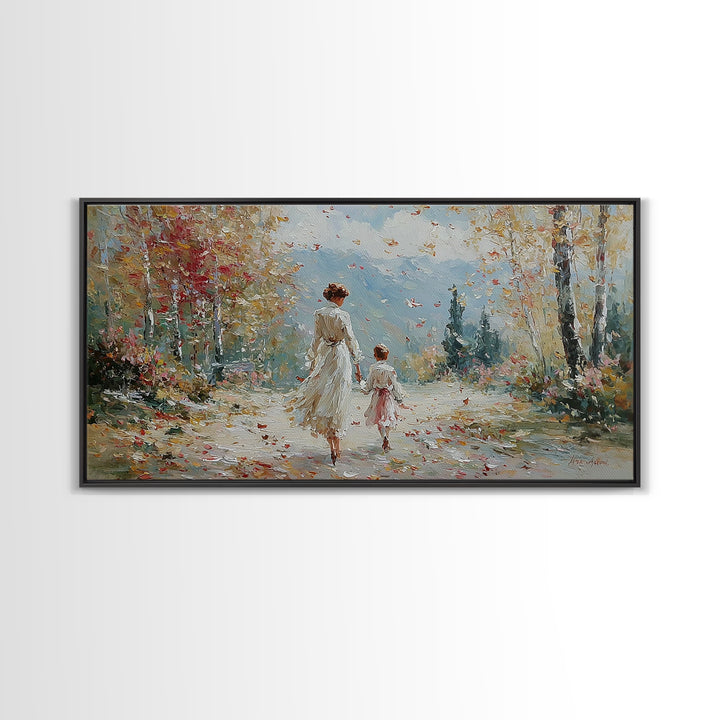 Mother And Child On Blossom Mountain Path Canvas Print, Impressionist Landscape Wall Art, Neutral Nursery Living Room Decor