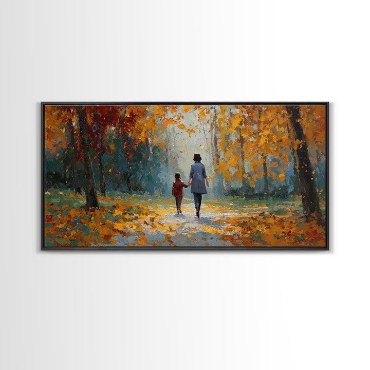 Mother And Child In Golden Autumn Park Framed Canvas Print, Fall Landscape Wall Art, Family Gift, Cozy Living Room Home Decor