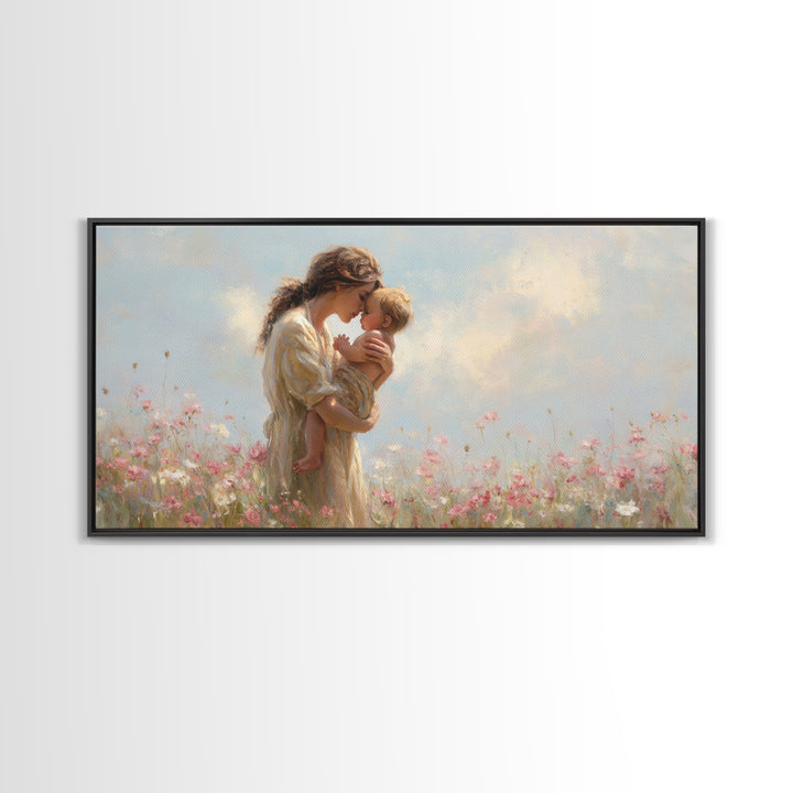 Mother Kissing Baby In Pastel Wildflower Meadow Canvas Print, Impressionist Nursery Wall Art, Motherhood Gift, Bedroom Decor