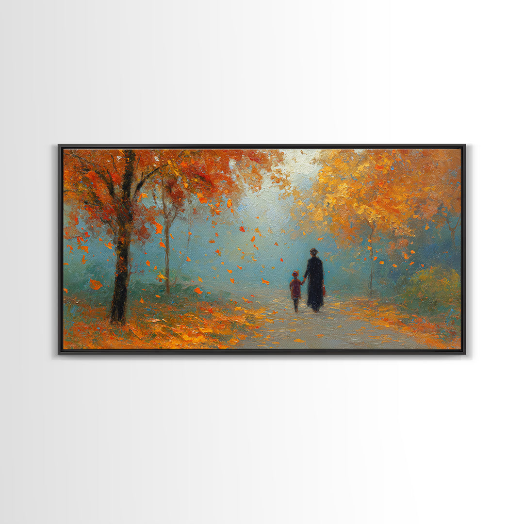 Father And Child Walking Orange Autumn Path Framed Canvas Print, Fall Forest Wall Art, Family Gift, Cozy Living Room Decor