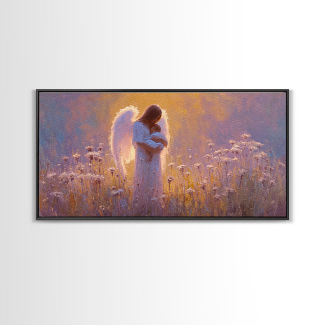 Guardian Angel Holding Baby In Glowing Meadow Canvas Print, Spiritual Nursery Wall Art, Motherhood Gift, Christian Decor