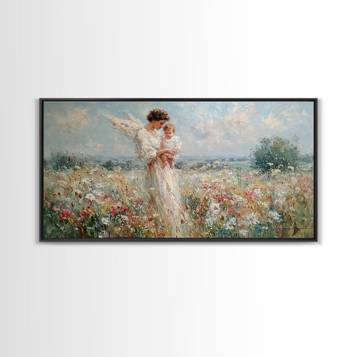 Impressionist Angel Mother With Baby In Daisy Meadow Framed Canvas Print, Christian Nursery Decor, Motherhood Wall Art Gift