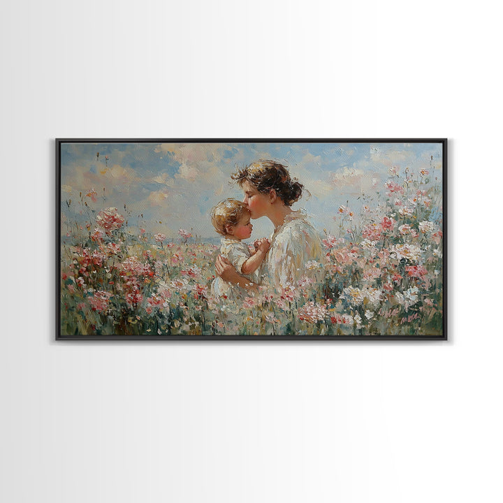 Mother Kissing Baby In Pink Wildflower Garden Wall Art, Impressionist Nursery Decor, Motherhood Gift, Feminine Art Print