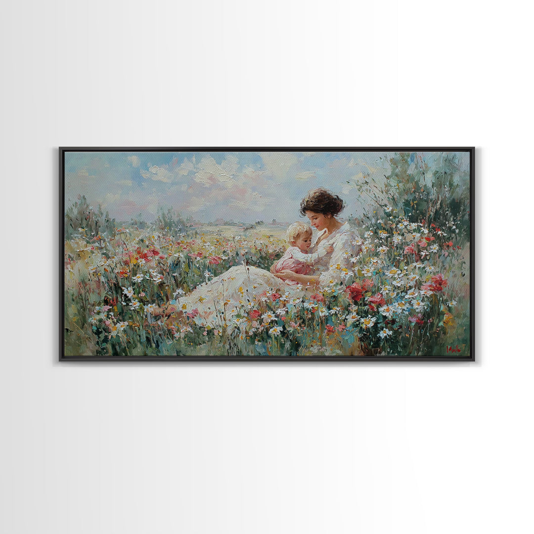 Mother And Baby In Wildflower Meadow Wall Art, Impressionist Floral Landscape, Fine Art Print, Motherhood Gift Home Decor