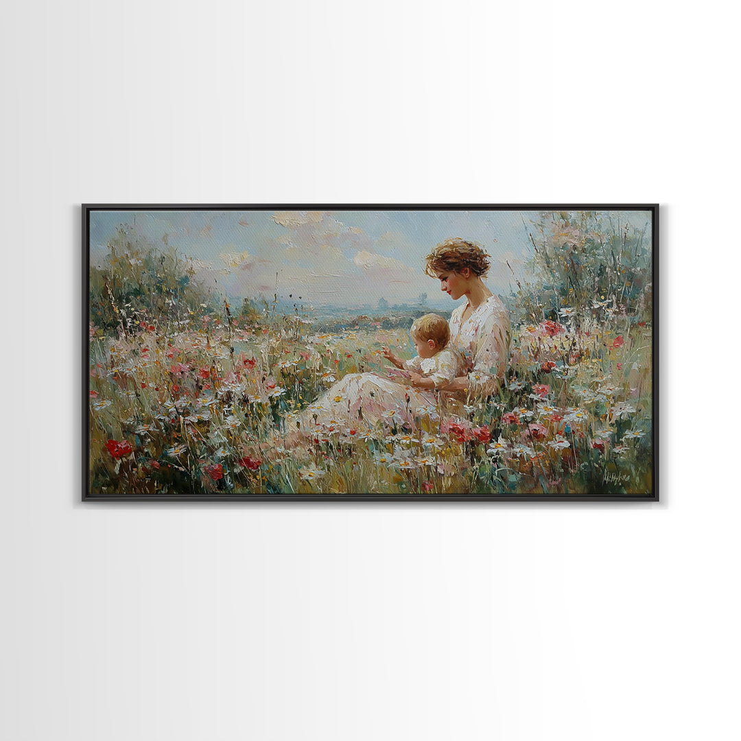 Seaside Wildflower Mother And Child Canvas Print, Impressionist Meadow Landscape, Mother's Day Gift, Living Room Home Decor
