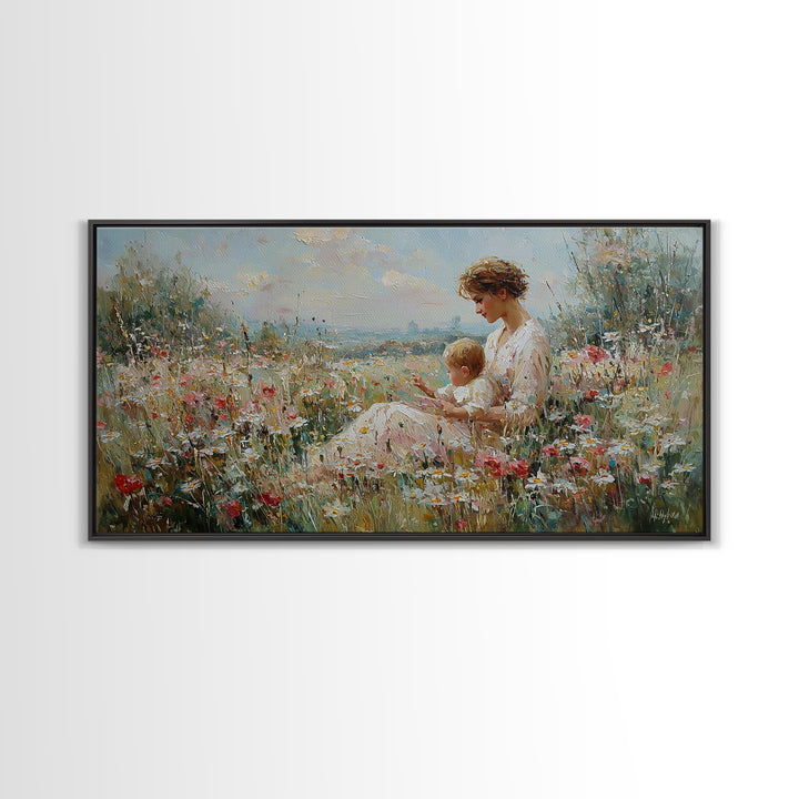 Seaside Wildflower Mother And Child Canvas Print, Impressionist Meadow Landscape, Mother's Day Gift, Living Room Home Decor