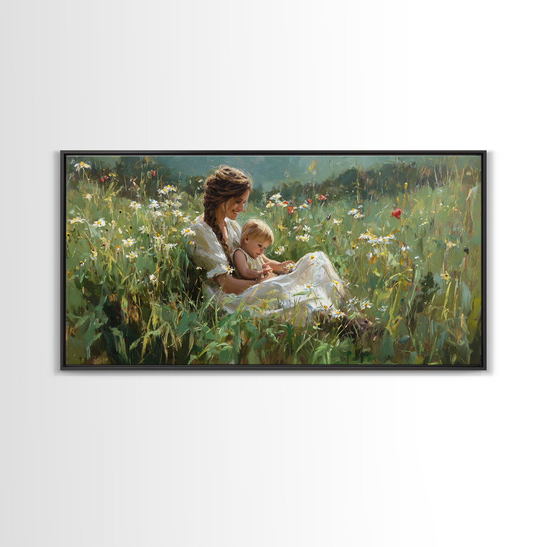 Sunlit Mother And Baby In Daisy Meadow Framed Canvas Print, Impressionist Floral Landscape, Gift For Her, Nursery Wall Decor