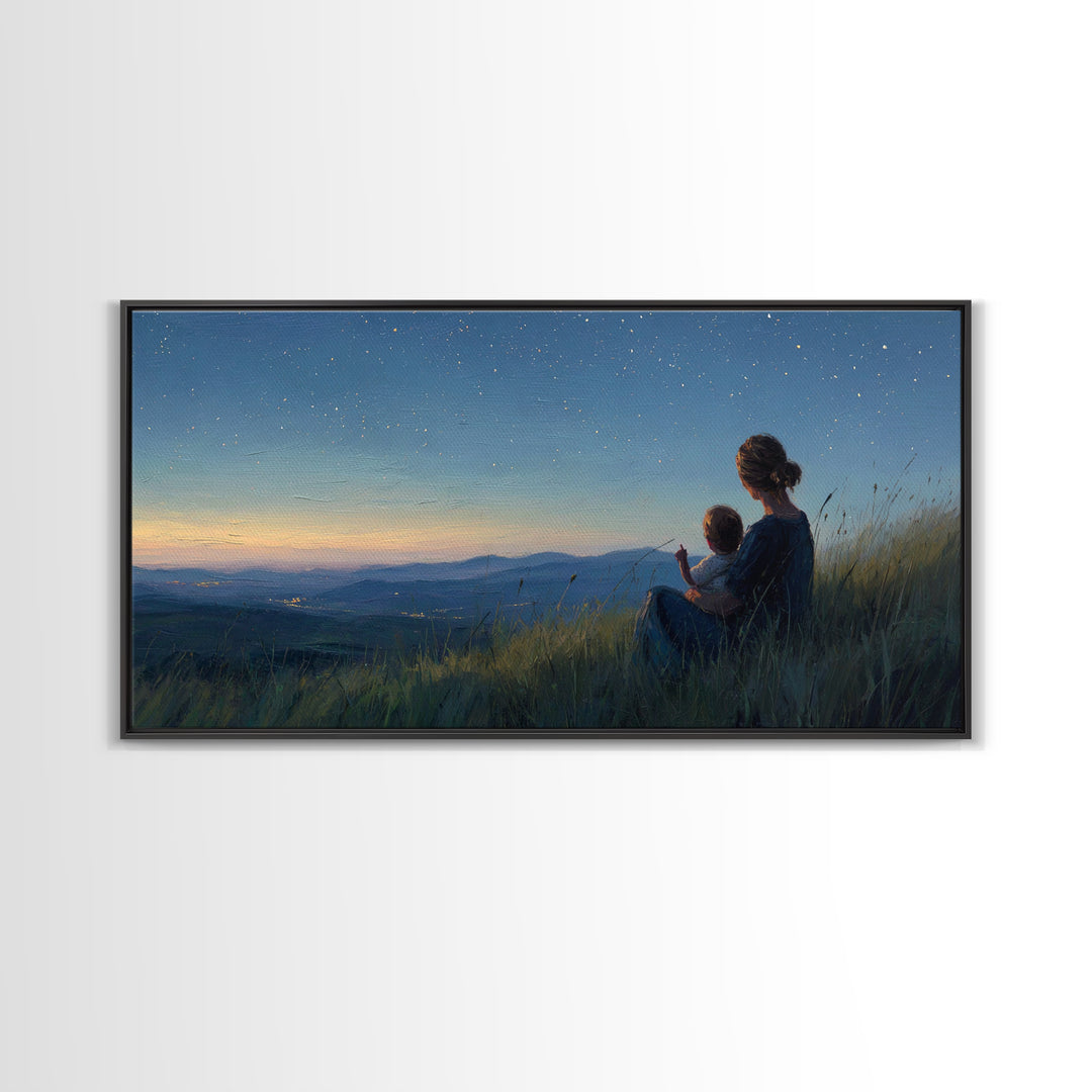 Mother And Child Under Starry Mountain Sky Canvas Print, Celestial Landscape, Blue Bedroom Art, Above Bed Decor, Gift For Her