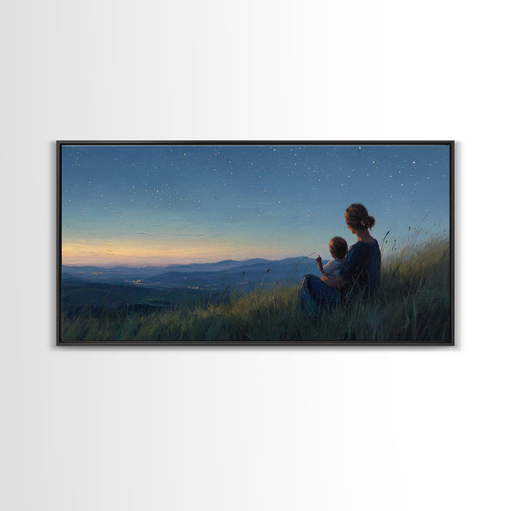 Mother And Child Under Starry Mountain Sky Canvas Print, Celestial Landscape, Blue Bedroom Art, Above Bed Decor, Gift For Her