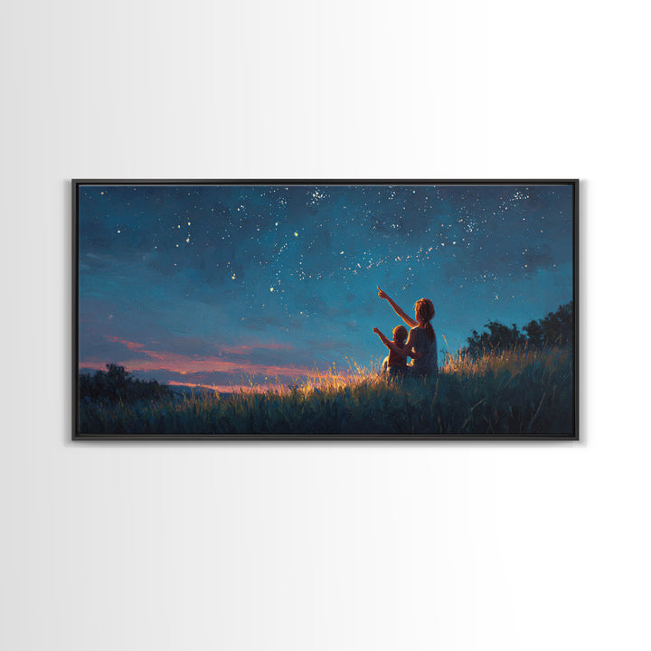 Mother And Child Pointing At Twilight Stars Canvas Print, Celestial Landscape, Blue Wall Art, Modern Bedroom Decor, Gift