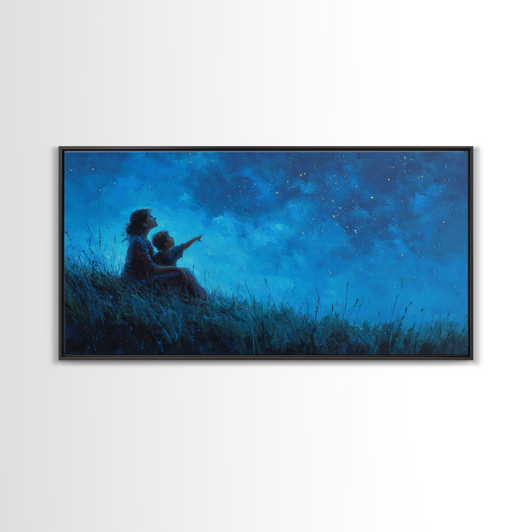 Mother And Child Beneath Deep Blue Starry Sky Wall Art, Celestial Landscape, Calming Bedroom Decor, Above Bed Print, Gift For Her