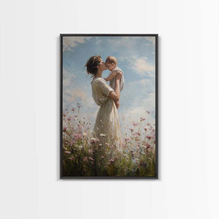 Mother Holding Baby In Wildflower Meadow Framed Canvas Print, Soft Sky Nursery Wall Art, Mothers Day Gift, Fine Art Print