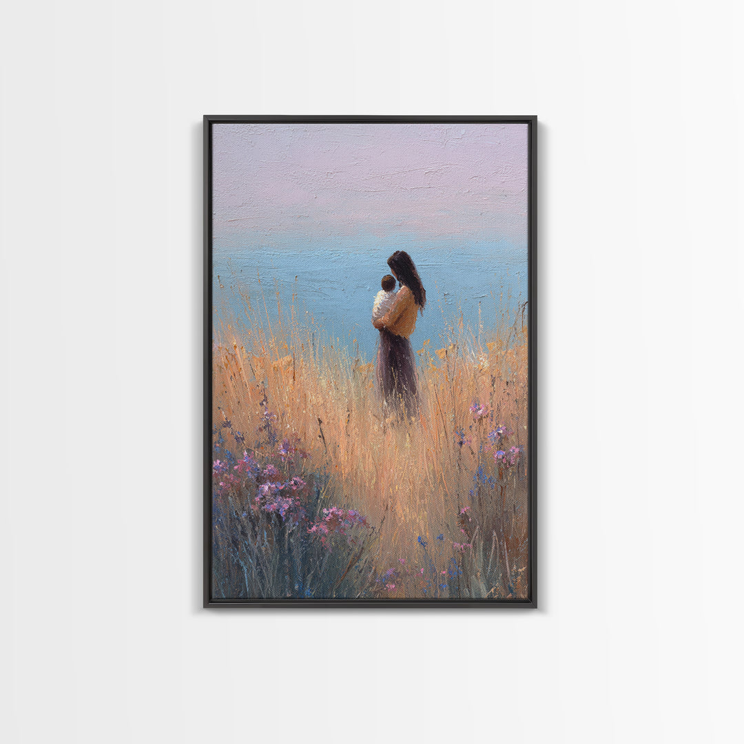 Mother And Baby By Ocean Grass Canvas Print, Pastel Coastal Wall Art, Peaceful Nursery Decor, Gift For Her, Minimalist Art