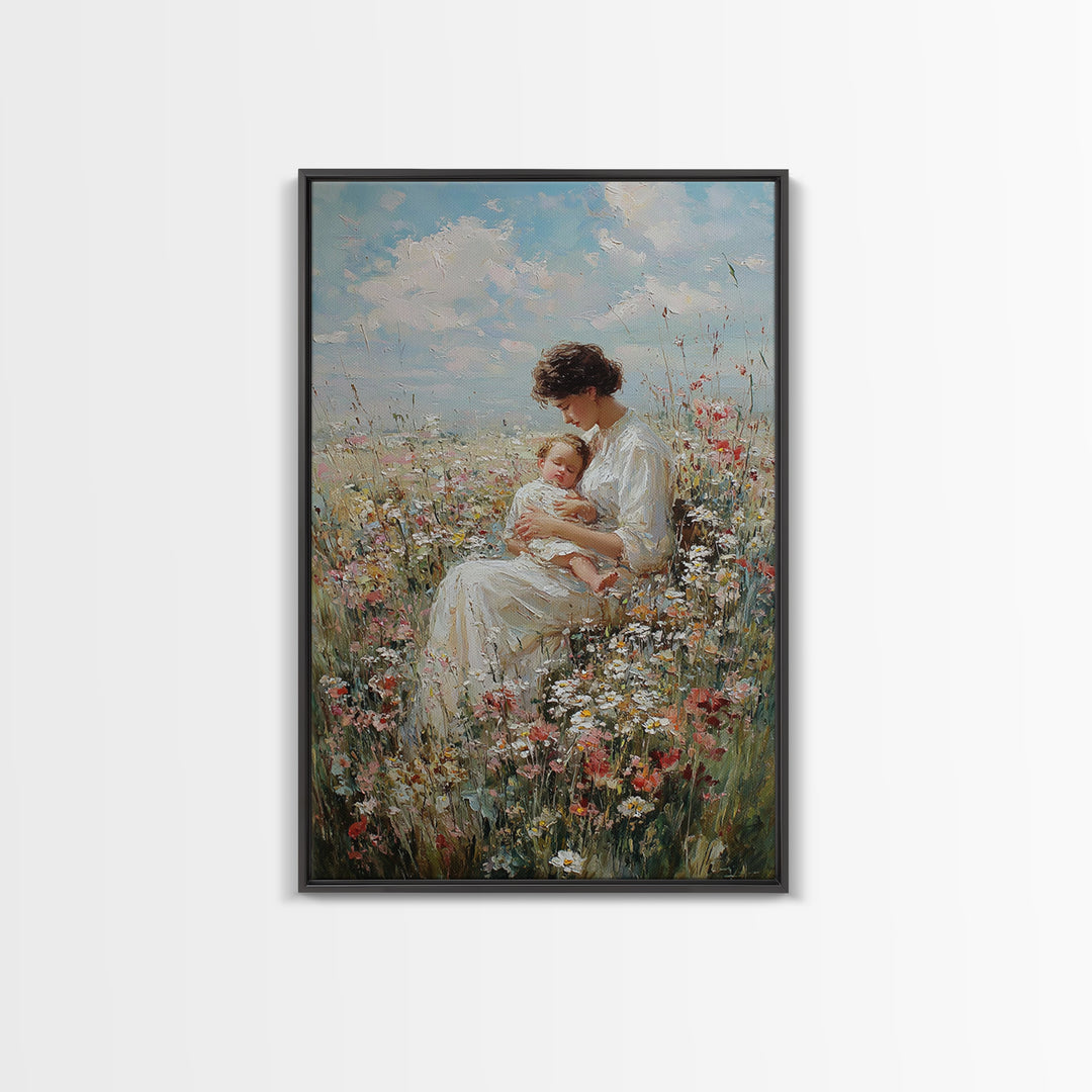 Seated Mother And Baby In Wildflowers Framed Canvas Print, Soft Floral Wall Art, Nursery Decor, Mothers Day Gift For Her