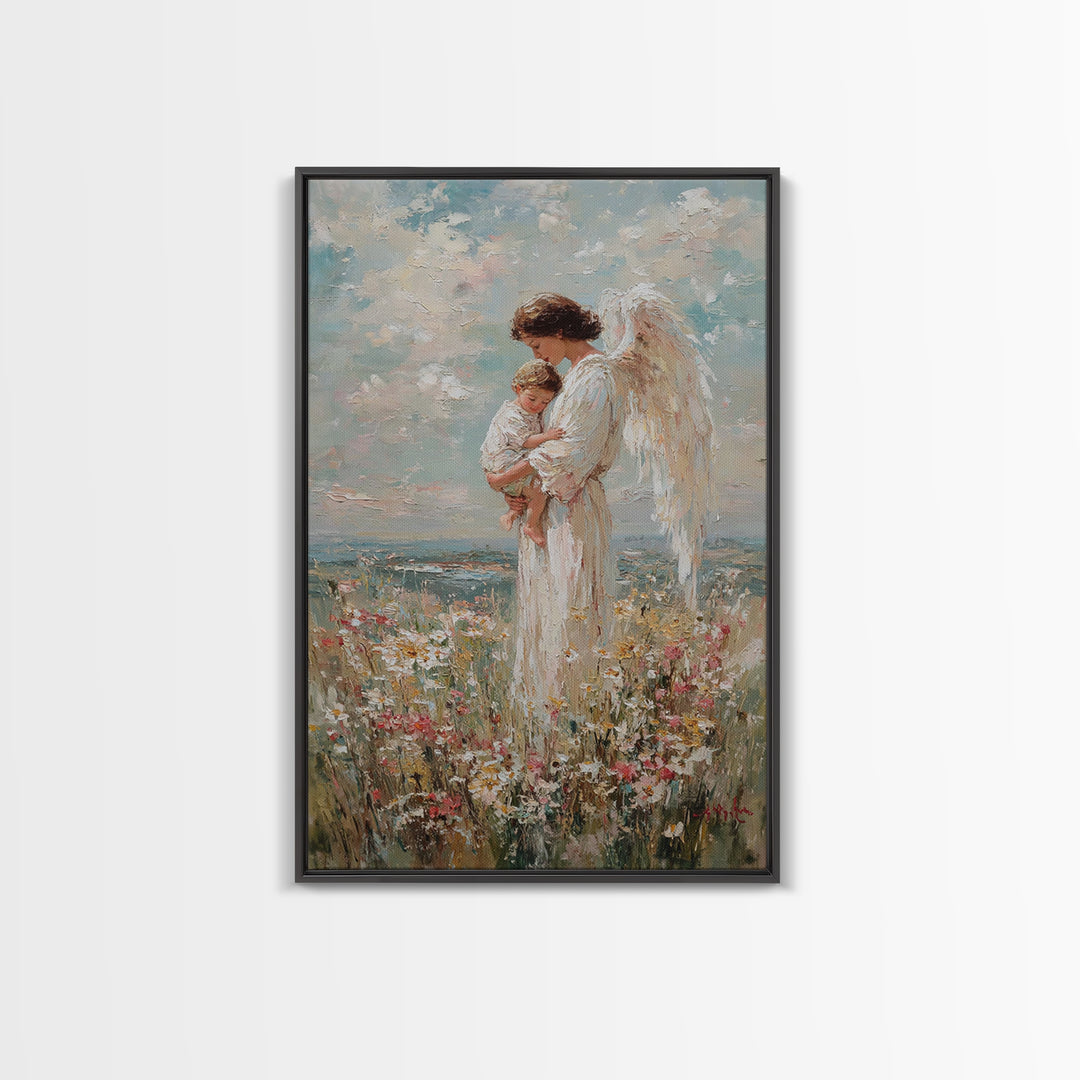 Guardian Angel Holding Child In Flower Meadow Wall Art, Christian Nursery Decor, Spiritual Canvas Print, Baptism Gift For Mom