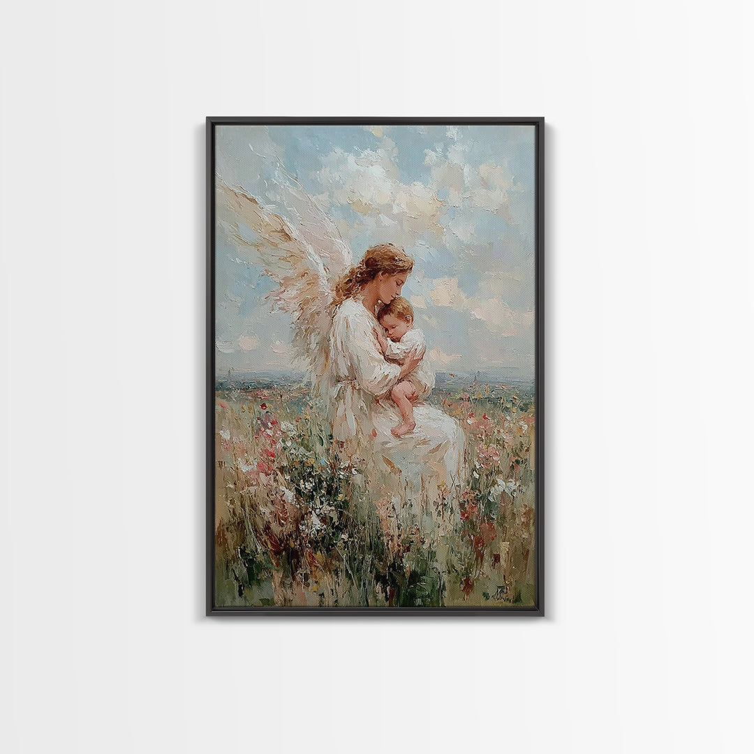 Angel Mother Cradling Baby In Wildflower Field Framed Canvas Print, Christian Wall Art, Nursery Decor, Spiritual Gift For Mom
