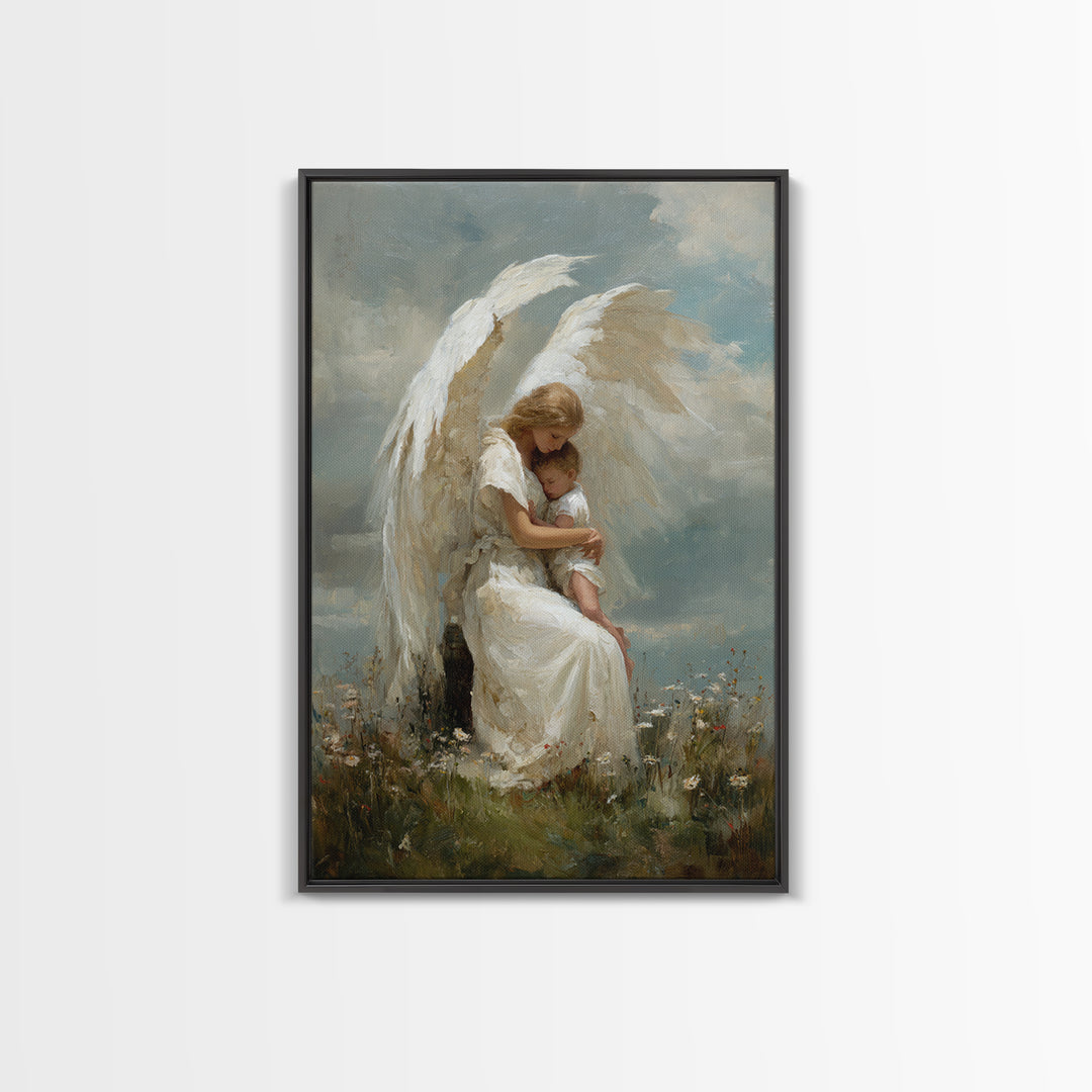 Winged Guardian Angel Embracing Baby Framed Canvas Print, Heavenly Christian Wall Art, Nursery Decor, Baptism Gift For Her