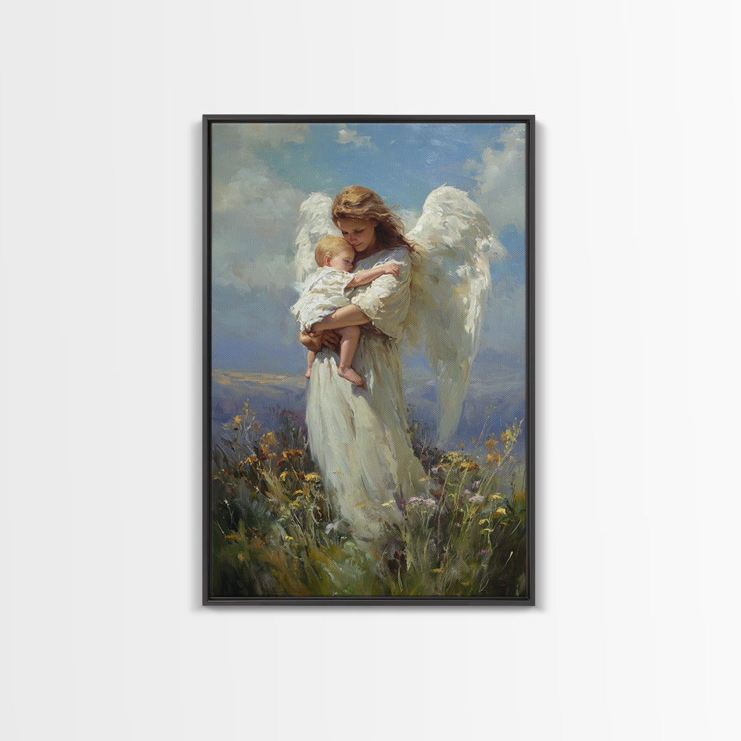 Angel Holding Sleeping Baby In Meadow Canvas Print, Serene Christian Wall Art, Nursery Decor, Guardian Angel Gift For Mom