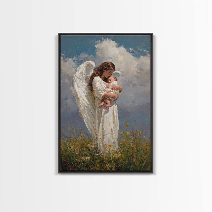 Guardian Angel Holding Newborn Under Clouds Wall Art, Christian Nursery Decor, Baptism Gift, Spiritual Framed Canvas Print