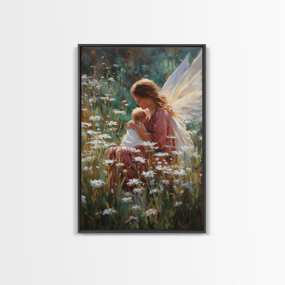 Fairy Mother And Baby In Daisy Garden Framed Canvas Print, Fantasy Wall Art, Nursery Decor, Whimsical Art Print, Gift For Her