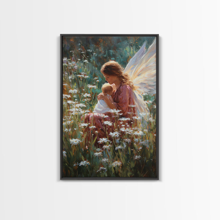 Fairy Mother And Baby In Daisy Garden Framed Canvas Print, Fantasy Wall Art, Nursery Decor, Whimsical Art Print, Gift For Her