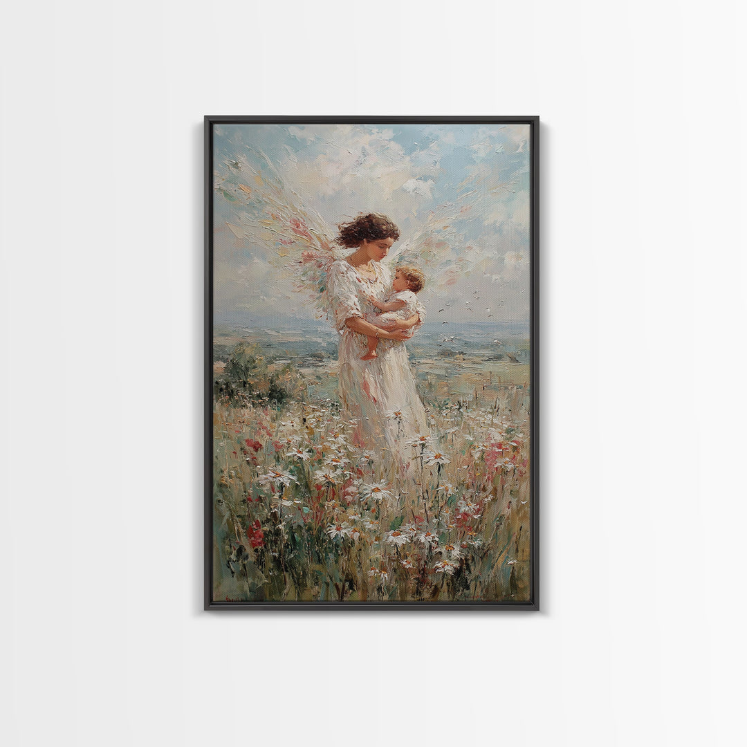 Angel Mother With Infant In Wildflower Meadow Canvas Print, Christian Wall Art, Nursery Decor, Spiritual Gift, Feminine Art