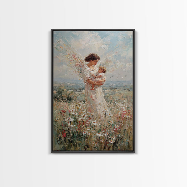 Angel Mother With Infant In Wildflower Meadow Canvas Print, Christian Wall Art, Nursery Decor, Spiritual Gift, Feminine Art