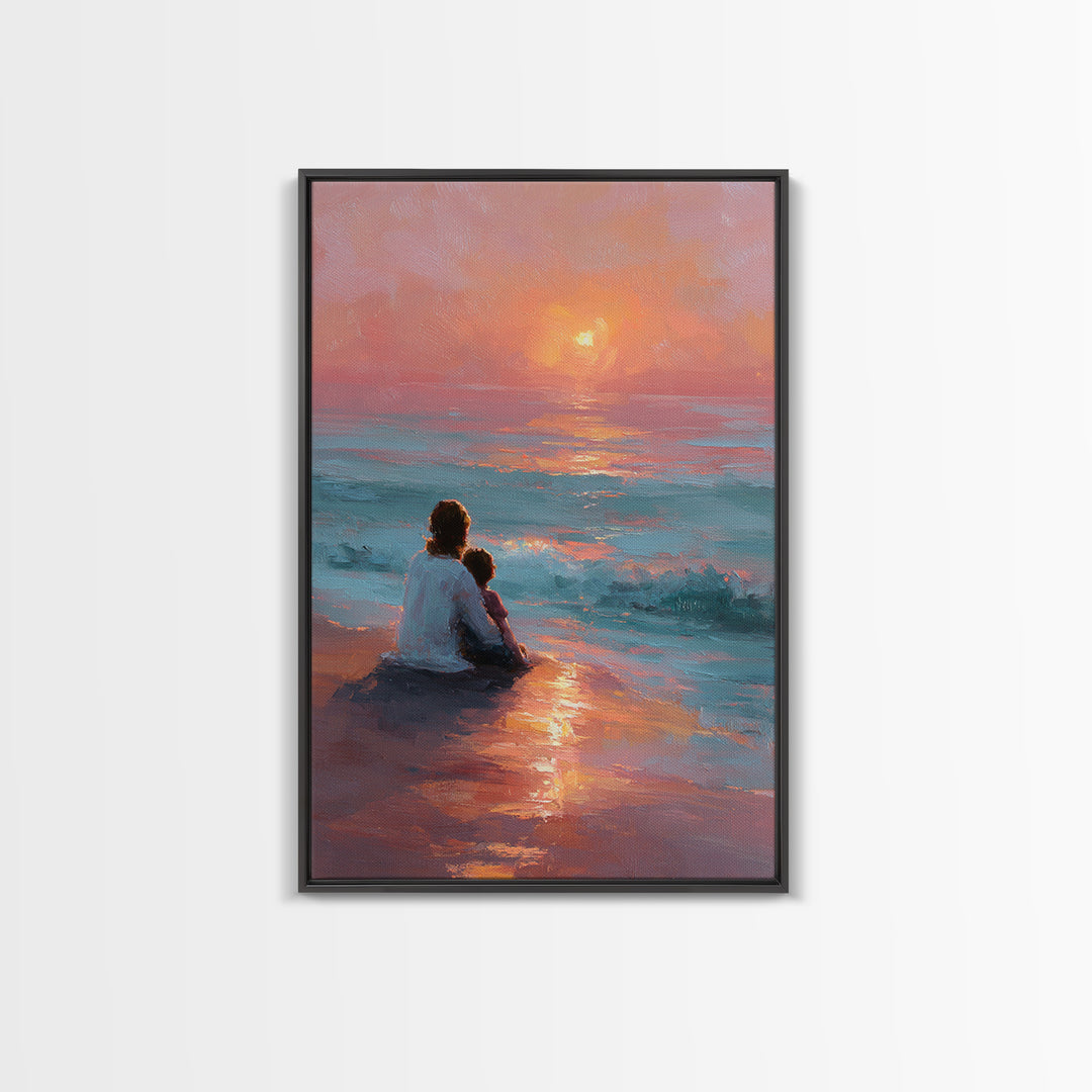 Mother And Child At Pink Ocean Sunset Wall Art, Coastal Beach Canvas Print, Nursery Decor, Mothers Day Gift, Living Room Decor