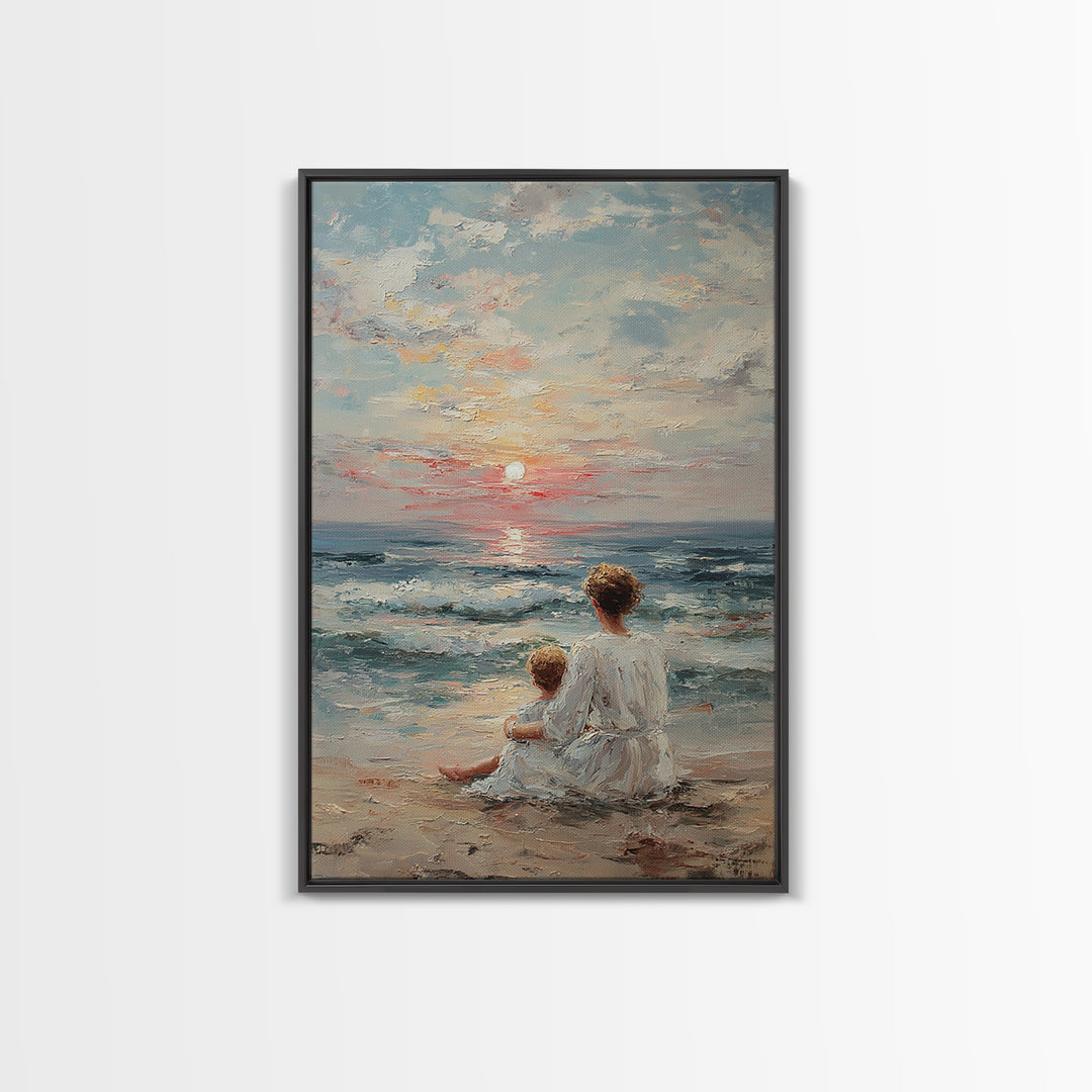 Mother And Child At Pale Seaside Sunrise Framed Canvas Print, Ocean Wall Art, Coastal Nursery Decor, Housewarming Gift, Home Decor