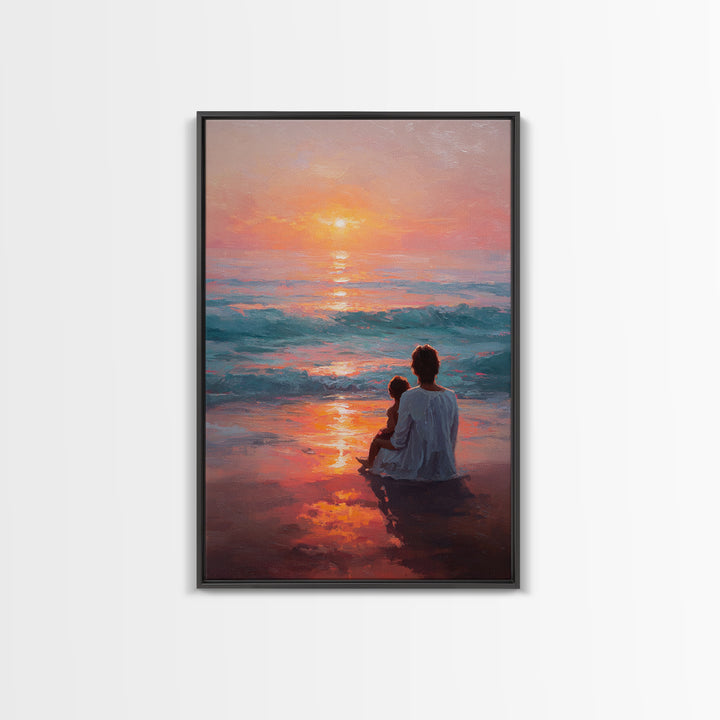 Mother And Child In Vibrant Sunset Surf Wall Art, Coastal Canvas Print, Ocean Beach Decor, Mothers Day Gift, Bedroom Decor