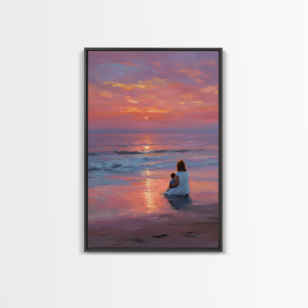 Mother And Baby In Pink Purple Ocean Sunset Canvas Print, Beach Wall Art, Coastal Bedroom Decor, Mothers Day Gift, Nursery Art