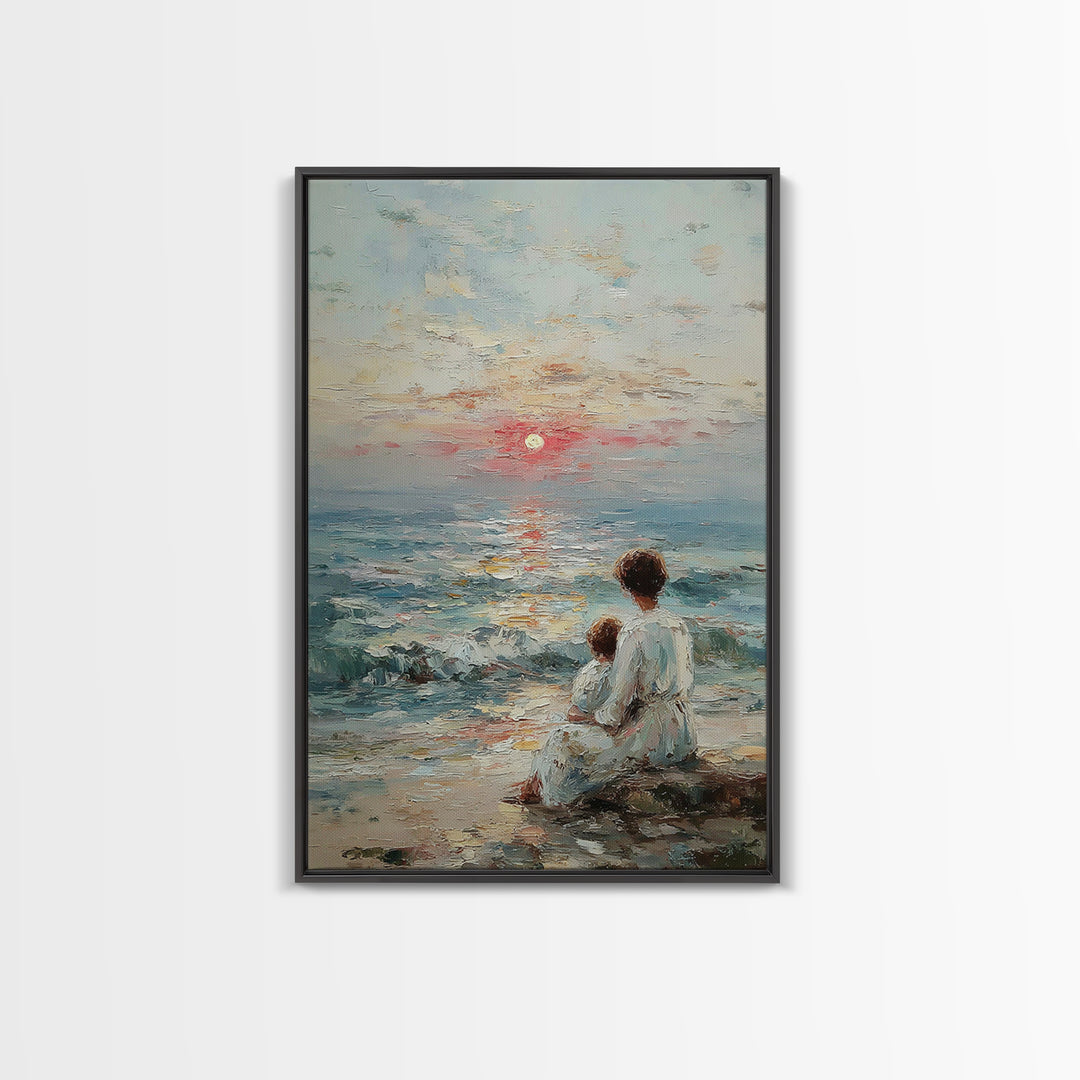 Mother And Child Watching Textured Sea Sunrise Framed Canvas Print, Coastal Wall Art, Beach House Decor, Living Room Art